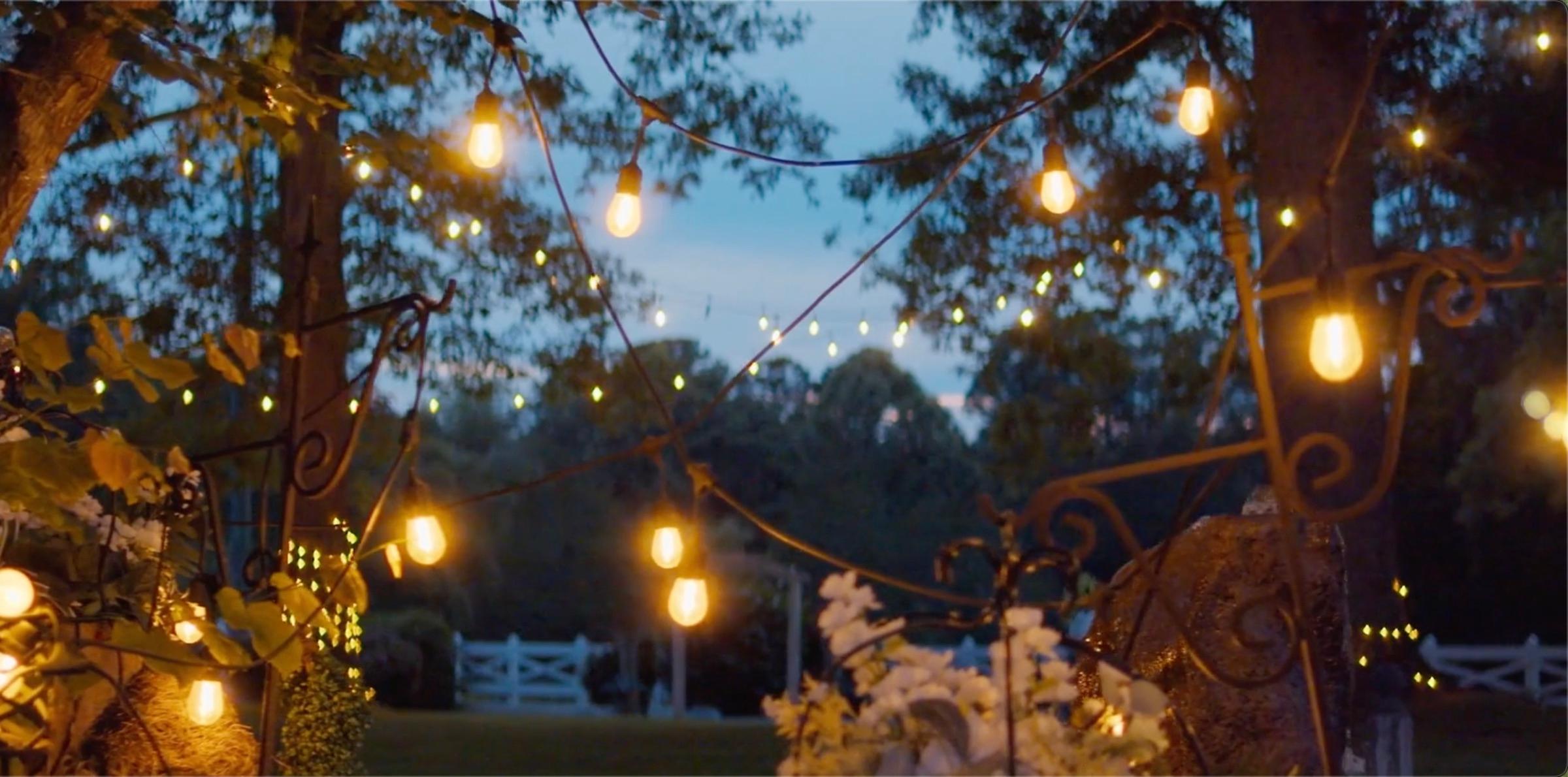 String lights over a wedding reception at dusk